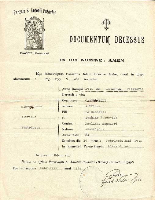 Alfredo Castravelli death certificate